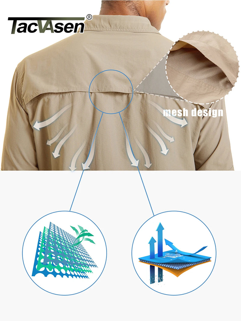 TACVASEN Summer Cargo Shirts Men's Mesh Breathable Long Sleeve Multi-Pockets Work Shirts Quick Dry Hiking Fishing Shirt Outdoor