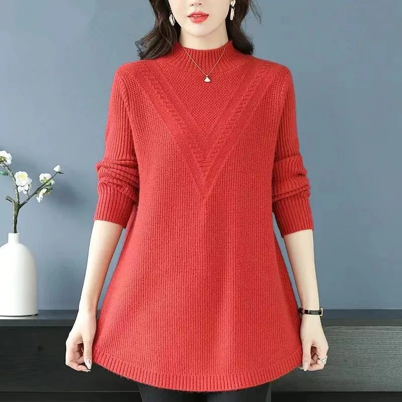 Mother Long Sleeve Casual Long Wool Sweaters New Autumn Winter Large Size Women Pullovers Fashion Half Turtleneck Knitted Dress