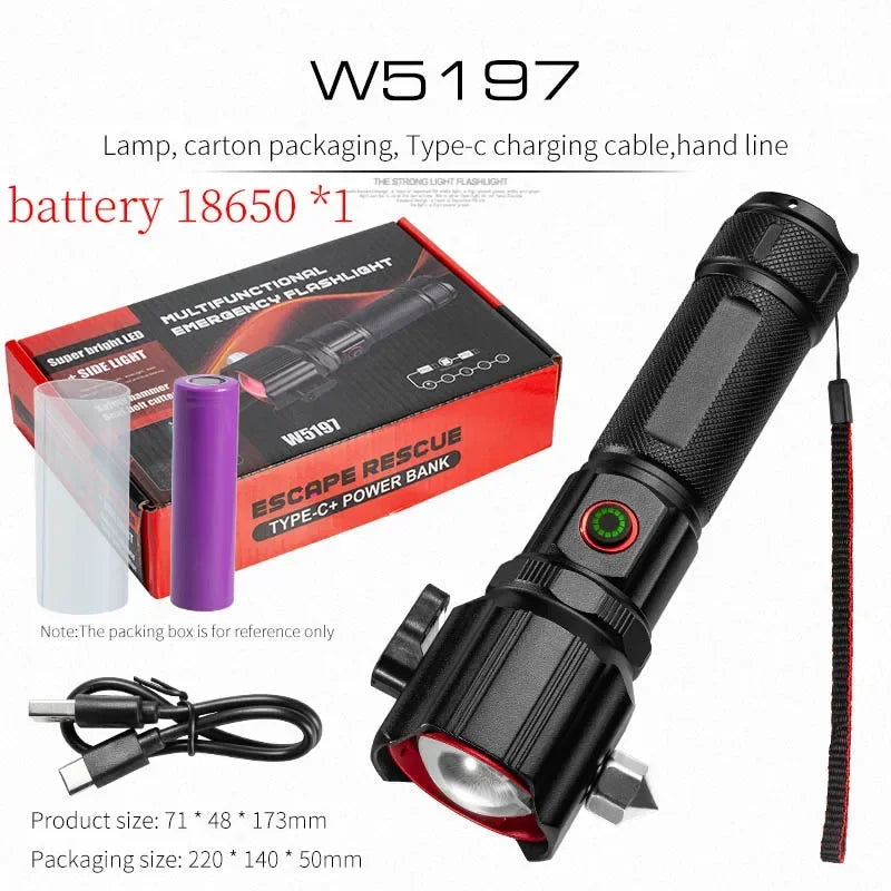 ពិល LED ពង្រីកថាមពលខ្ពស់ជាមួយការសាកថ្ម USB COB Safety Hammer ពហុមុខងារ ពិលឡាស៊ែរពណ៌សអាលុយមីញ៉ូមធន់នឹងទឹក