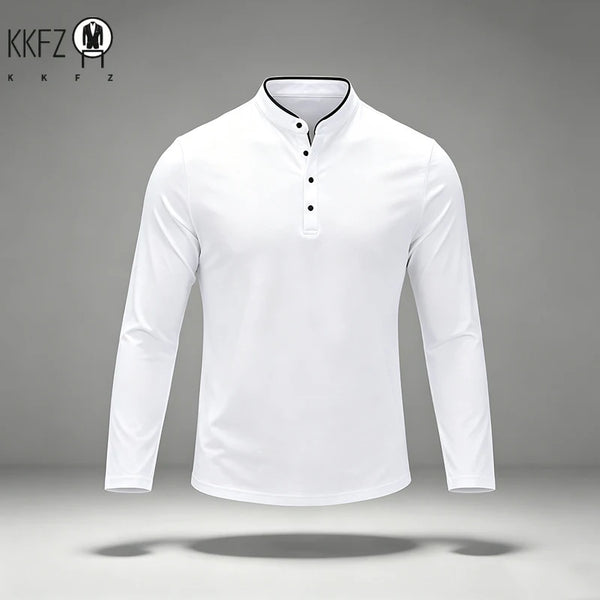 Mens Basic Mandarin Collar Long Sleeve Polo Top Button Design Contrast Neckline For Vacation Short Trip Leisure Scenarios