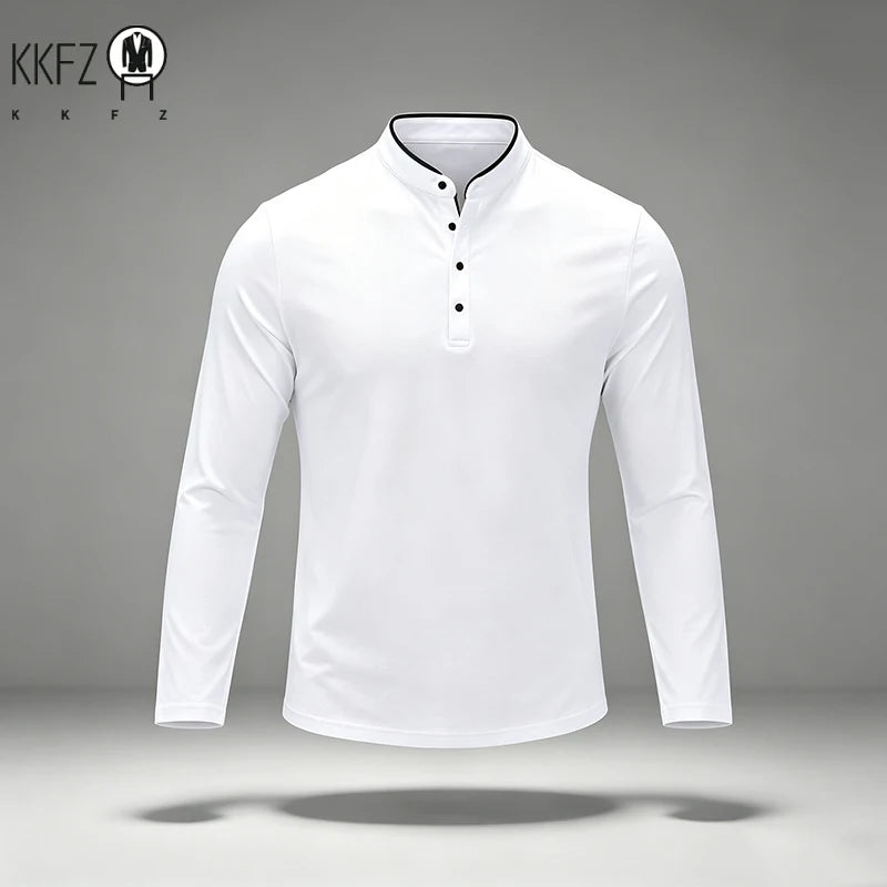 Mens Basic Mandarin Collar Long Sleeve Polo Top Button Design Contrast Neckline For Vacation Short Trip Leisure Scenarios