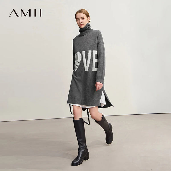 Amii Short Dresses 2026 Winter New Casual Turtleneck Long Sleeves Letter Jacquard Dresses For Woman Loose Knitted Skirt 12544067