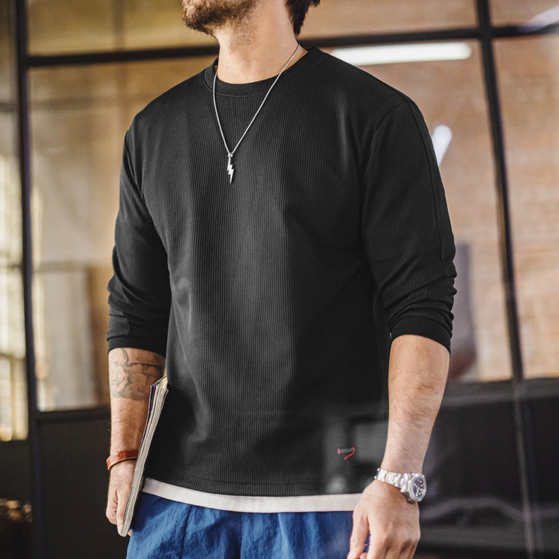 Maden Men‘s Basic Solid Color Long Sleeve T-shirt Crew Neck Sweatshirt Knit Casual Pullover for Spring and Autumn Layering Top