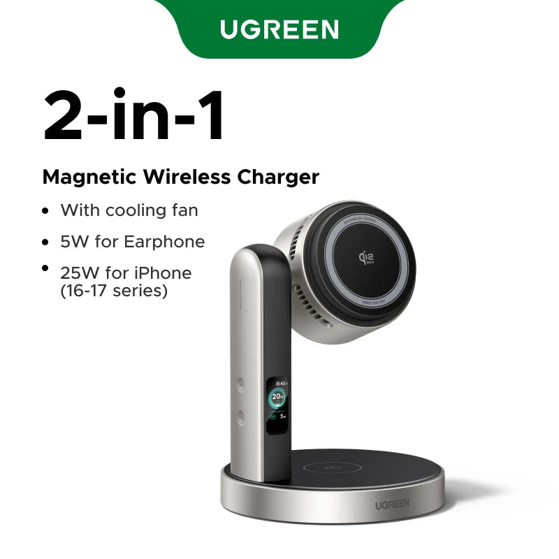 UGREEN MagFlow Pro Qi2.2 25W 2 in 1 Magnetic Wireless Charger with Cooling System For iPhone 16 17 Pro Wireless Fast Charging