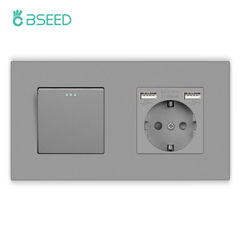 BSEED Mechanical Button Switches With Power Socket 1/2/3Gang 1Way Plastic Panel Electrical Outlets USB Type-C Wall Socket 16A