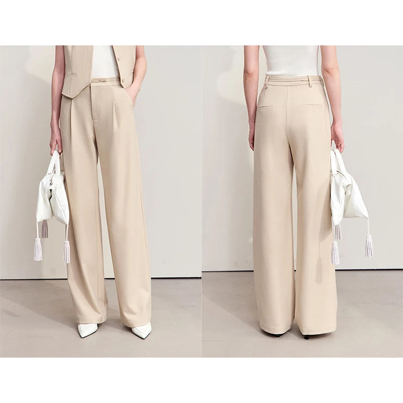 ខោ Amii Minimalism 2026 សម្រាប់ស្ត្រីរដូវស្លឹកឈើជ្រុះថ្មីមូលដ្ឋានជាមួយខ្សែក្រវ៉ាត់ផ្នត់រលុងរឹងធម្មតាខោជាន់ស្ត្រី 12453007