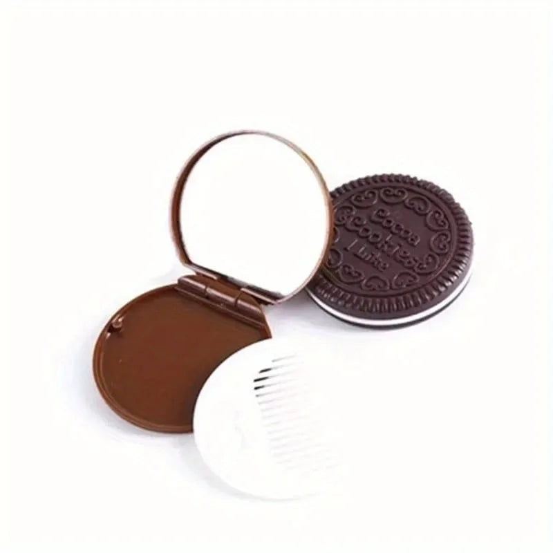 1pc Chocolate Biscuit Small Folding Makeup Mirror, with Comb Cute Outside Pocket Mirrors Travel Vacation,Women'S Makeup Mirror