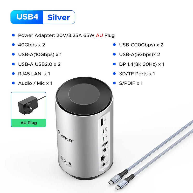 ORICO USB4 Type C Docking Station for MacBook Pro M1 M2 USB 3.0 HUB 8K HDMI-compatible DP RJ45 Audio With Power Adapter