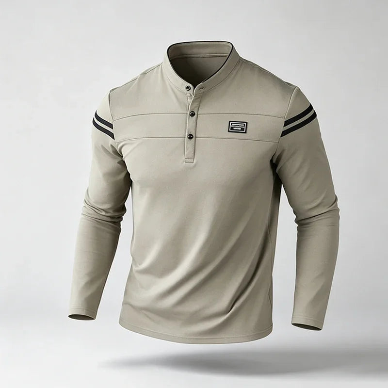Mens Basic Stand Collar Long Sleeve Polo Top Sleeve Stripes Suitable For Vacation Short Trip And Multiple Leisure Scenes