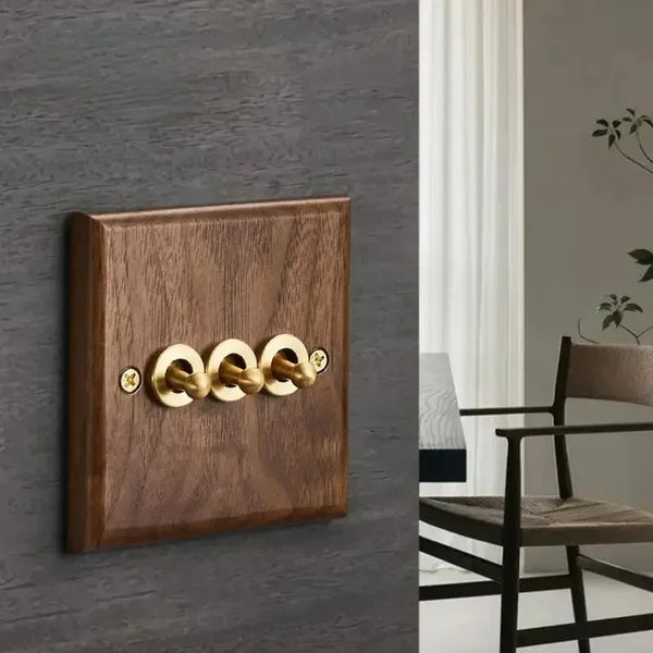 កុងតាក់ភ្លើងបិទបើកឈើ Walnut ខ្មៅ, បន្ទះលង្ហិនបែបបុរាណសម្រាប់គេហដ្ឋាន, FR UK រន្ធដោតអគ្គិសនីជញ្ជាំង USB ពីរជាសកល