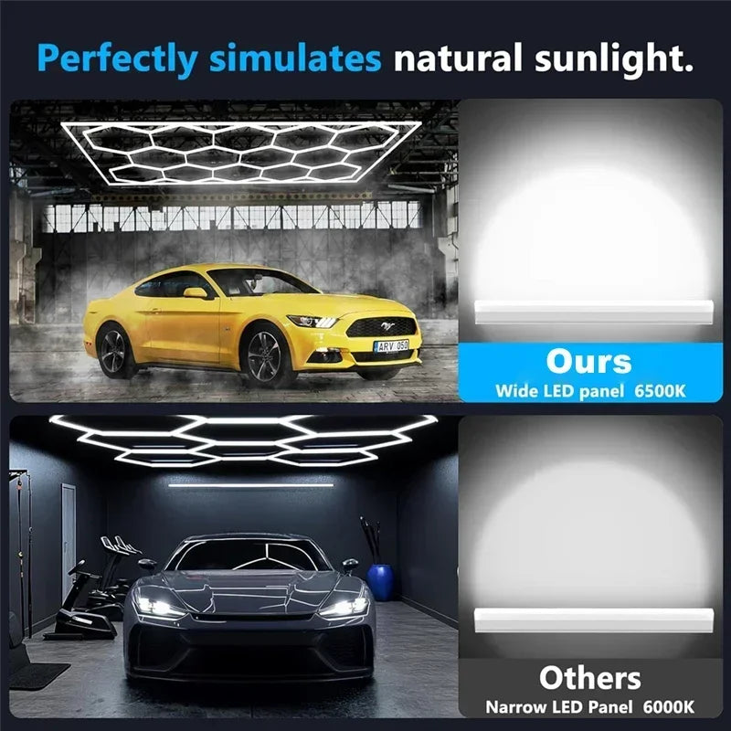 LED Garage Lights Hexagon Lamp 110-240V LED Tube Honeycomb Barbershop Ceiling Lighting for Workshop Car Show Auto Repair Gym