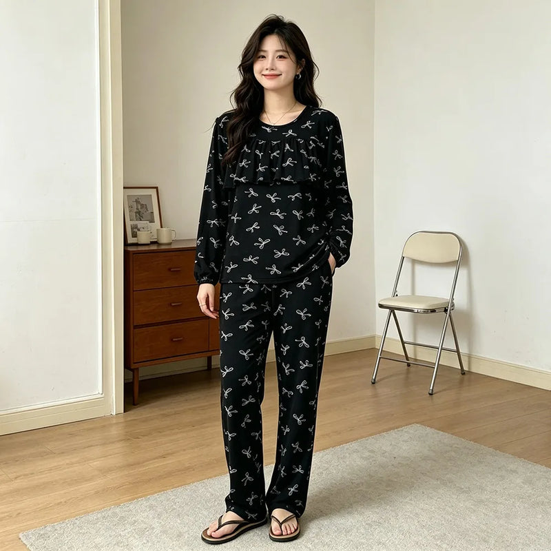 Floral Women's Sleepwear Sets Woman 2 Piece Home Wear Spring Autumn Long Sleeve Pyjama Femme Loungewear Ladies Homewear Pijama