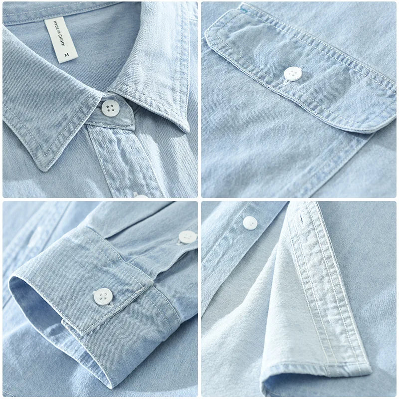 Spring Autumn New 100% Cotton Casual Denim Long Sleeve Shirts for Men Clothing Loose Soft Streetwear Shirt CM6977