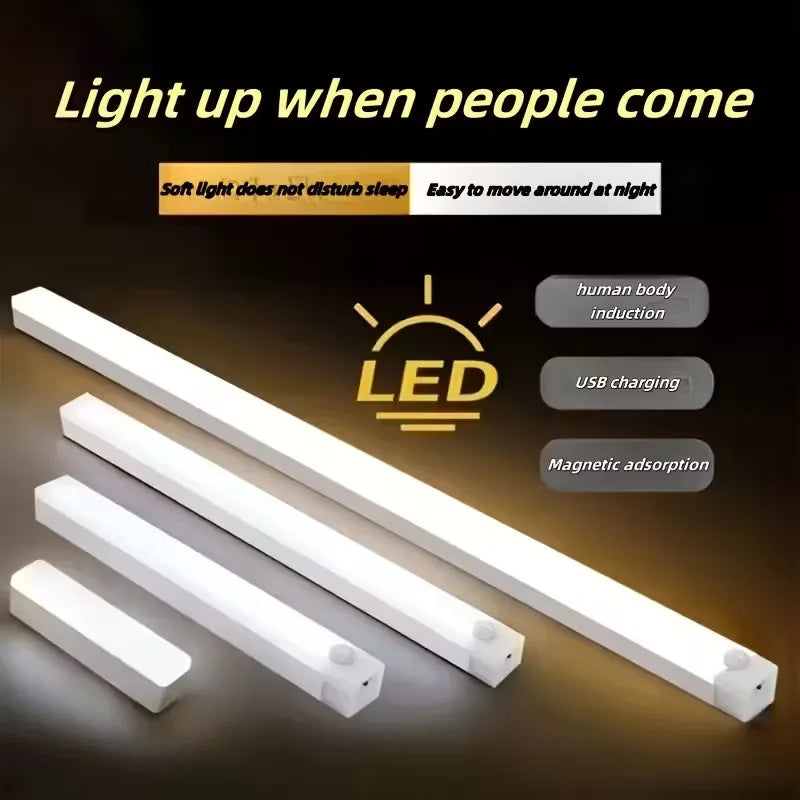 ភ្លើង LED ឧបករណ៍ចាប់សញ្ញាចលនា សាកថ្ម USB ការដំឡើងម៉ាញេទិក ឧបករណ៍ចាប់សញ្ញារាងកាយមនុស្ស ភ្លើងពេលយប់សម្រាប់ទូដាក់ឥវ៉ាន់ ជណ្តើរ ផ្លូវចូល