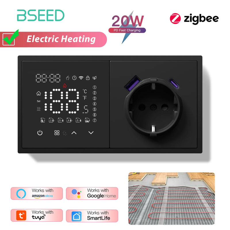 BSEED Zigbee Thermostat Smart Electric Floor Heating Water Boiler With Socket Alexa Google Temperature Controller Plastic Frame