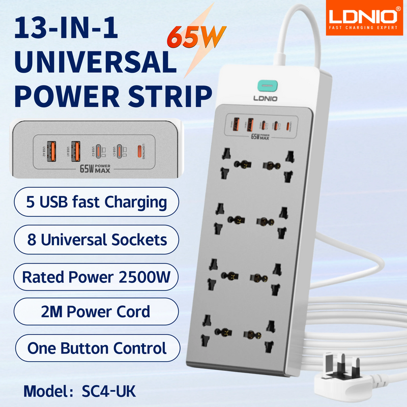 រន្ធដោតភ្លើងបន្ថែម LDNIO 13-in-1 2500W ស្ថានីយសាកថ្ម 65W បន្ទះសាកថ្ម USB រន្ធដោត AC ចំនួន 8 រន្ធដោត USB C ចំនួន 5 ខ្សែបន្ថែម USB-A ថ្មី
