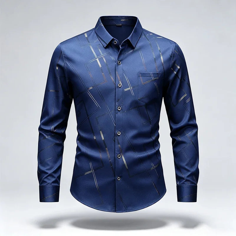 Mens Slim Long Sleeve Dress Shirt Soft Silky Fabric Classic Turn Collar Button Placket Daily Working Casual Outfit