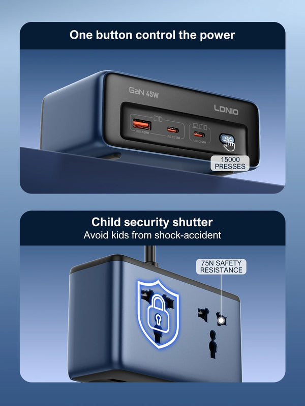 ស្ថានីយសាកថ្មលឿន LDNIO USB C រន្ធច្រើនសម្រាប់កុំព្យូទ័រលើតុ ជាមួយរន្ធដោត AC ចំនួន 2 សម្រាប់បន្ថែមការរអិល ចក្រភពអង់គ្លេស សហភាពអឺរ៉ុប សហរដ្ឋអាមេរិក