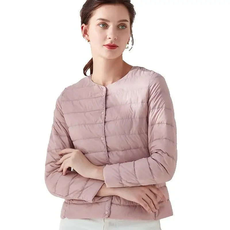 Winter Red Light/Thin Women's Round Neck Long Sleeve Jacket, White Blue Gray Khaki Available, Asian Size S-3XL Female Coat