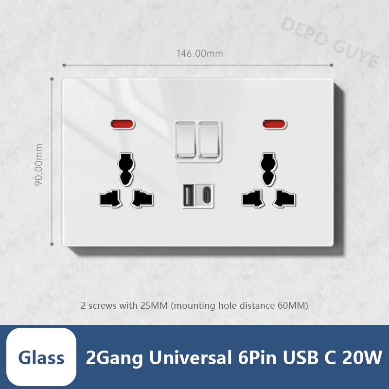 Universal 20W Type-C Wall Quick charge Socket,Dual Switch control Universal Power outlet,White UK Standard USB Interface Socket
