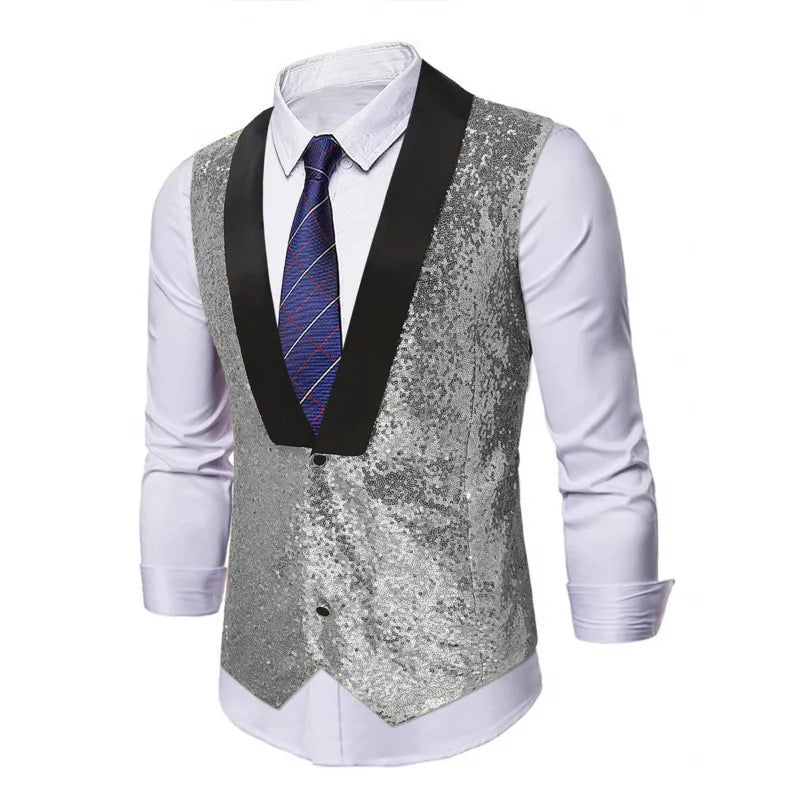 Men's Gold Sleeveless Vest Jacket with Sparkling Round Sequins; Perfect for Weddings, Parties, Performances Silver Waistcoat