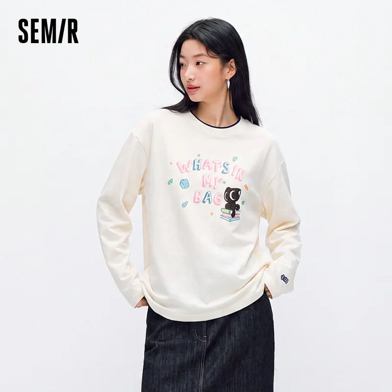 Semir Women Tshirt Cotton Fabric Color Block Long Sleeve Oversized Fit Mid Length Retro Style 2026 Autumn Soft Comfort