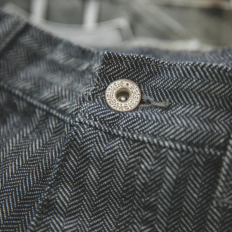Maden Retro 12.8oz Grey Striped Jeans Straight Fit Zip Fly with Pockets Versatile Herringbone Trousers for Men's Spring and Fall