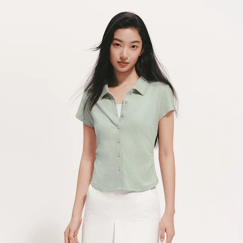 Semir Womens Polo 2026 Short Ruched Slim Jacquard Texture Lapel Gentle Casual Soft