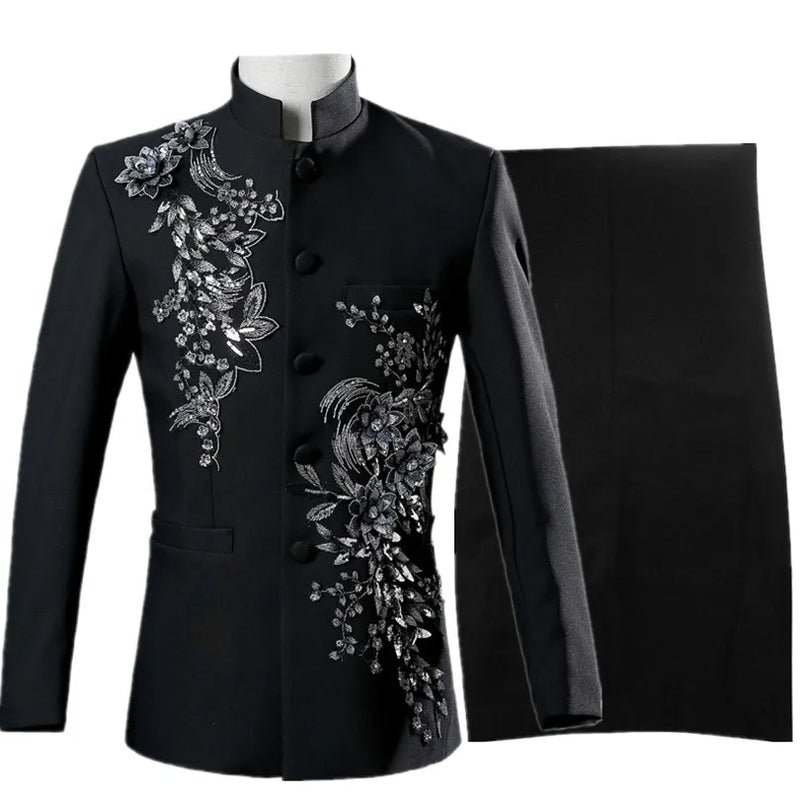 Men's White Standing Lapel Suit Two-Piece, Chinese Style Long Sleeve Jacket with Trousers, Blue Red Black Optional, Asian Size