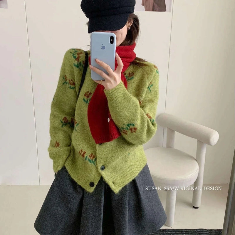 Korean Retro Small Floral Lazy Wind Top Female Niche Versatile Sweater Cardigan Knitted Jacket for Women Clothes Short Coat