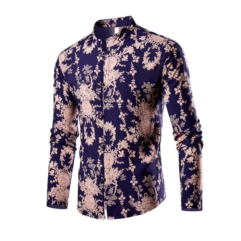 Chinese Style Men's Red Stand-up Collar Long-sleeved Shirt, Single-breasted Printed Shirts, Fashion Casual Camisas. New 2026