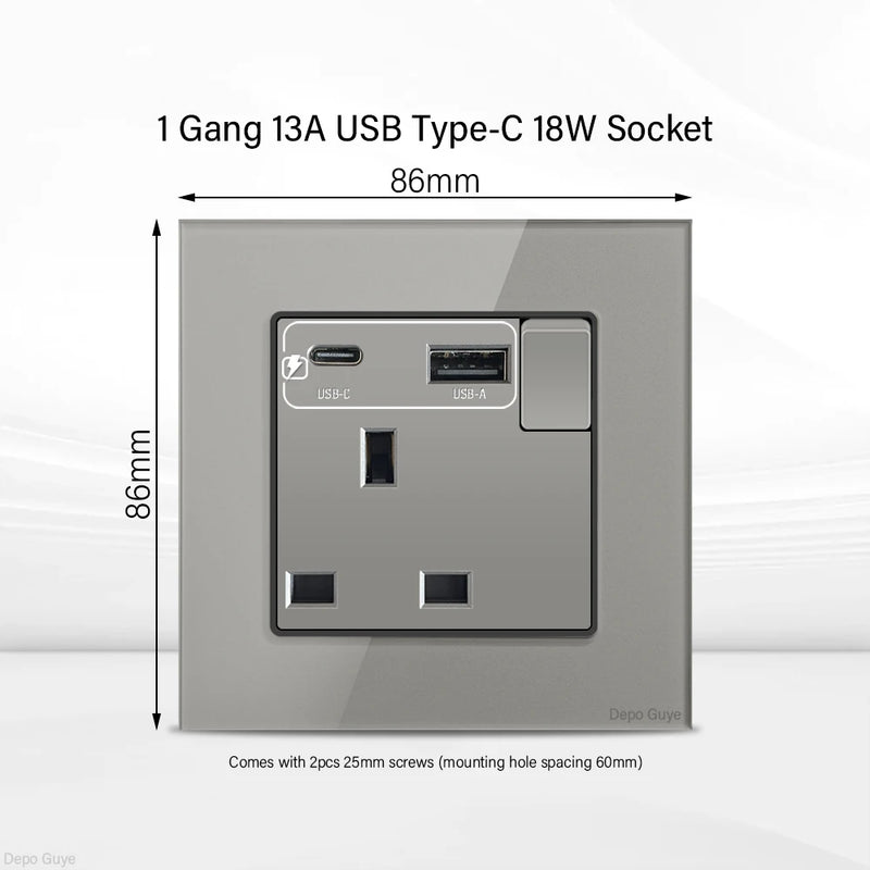 Grey UK 13A Tempered Glass USB Type C 18W Quick Charge Socket,Dual Universal Power Outlet,Home Light Electric Switch Panel