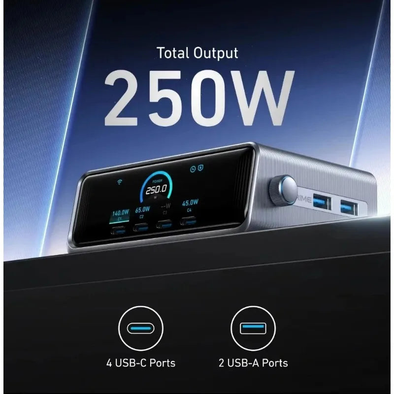 ស្ថានីយសាកថ្ម Anker Prime 250W A2345 GaN 6 រន្ធ ឆ្នាំងសាកលឿន USB-C អេក្រង់ LCD ទំហំ 2.26 អ៊ីញ ប៊ូតុងបញ្ជាឆ្លាតវៃ