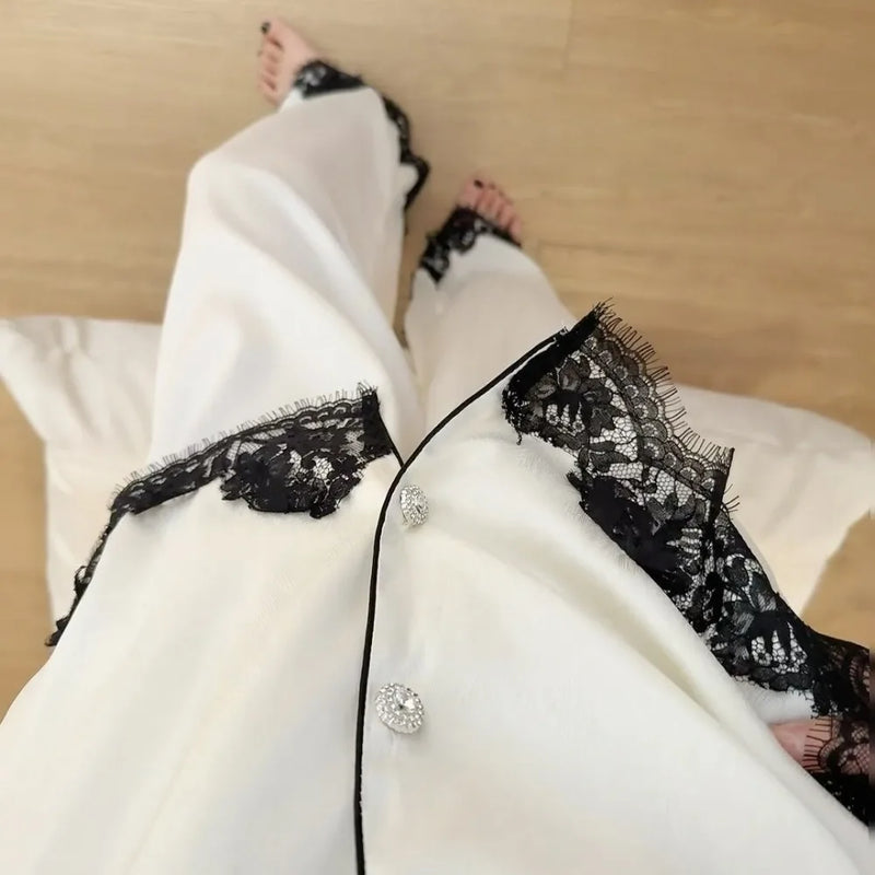 Spring Autumn Ice Silk Women's Sleepwear Pajama Set Long Sleeve Buttons Lapel Top with Elastic Pants Nightwear 2 Piece Nighty