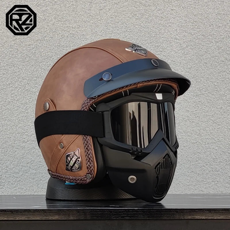 PU leather retro coffee shop racing 3/4 jet exposed motorcycle helmet, adult men's and women's cruiser scooter half helmet