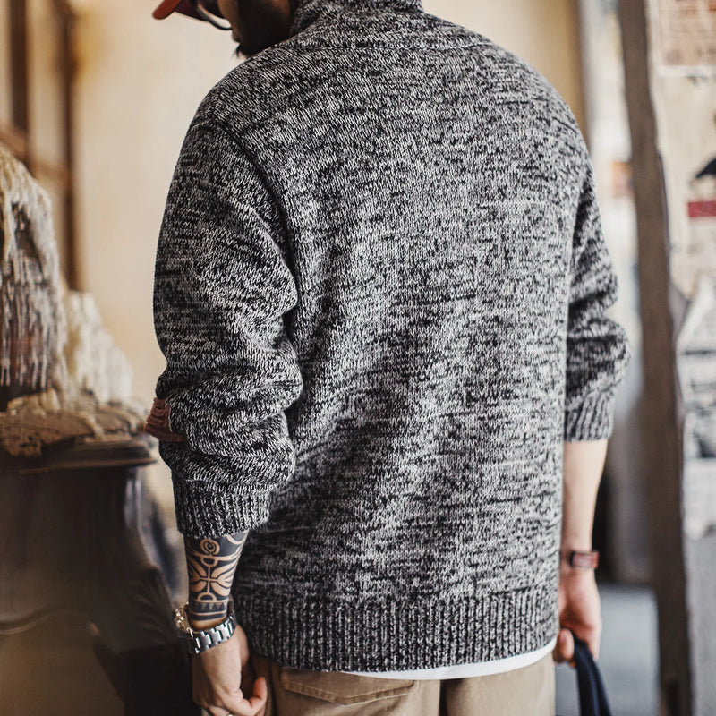 Maden Men's Vintage Shawl Collar Sweater Grey Quiet Luxury Knit Pullover Warm Base Layer for Autumn and Winter 100% Cotton Tops