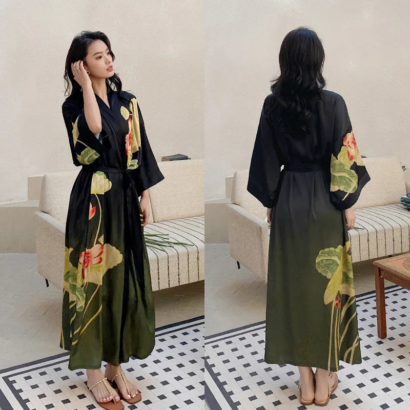 Women Ice Silk Rayon Home Dress Black Print Flower Long Robe Nightgown Spring Summer Half Sleeve Kimono Bathrobe Gown