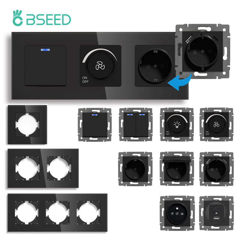 BSEED EU Standard Button Light Switch 1/2Gang 1/2Way Wall Socket USB Type-C DIY Function Parts Glass Panel Free Combination