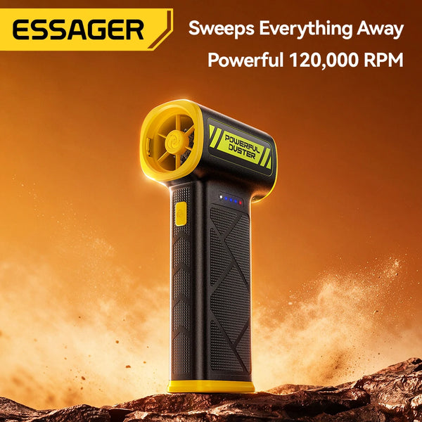 កង្ហារខ្យល់ Essager 130W កម្លាំងខ្យល់ 120000RPM ចល័តល្បឿនលឿន មានថាមពលខ្លាំង ជាមួយថ្ម 5000mAh សម្រាប់សម្អាតកុំព្យូទ័រ ឡាន និងផ្ទះ