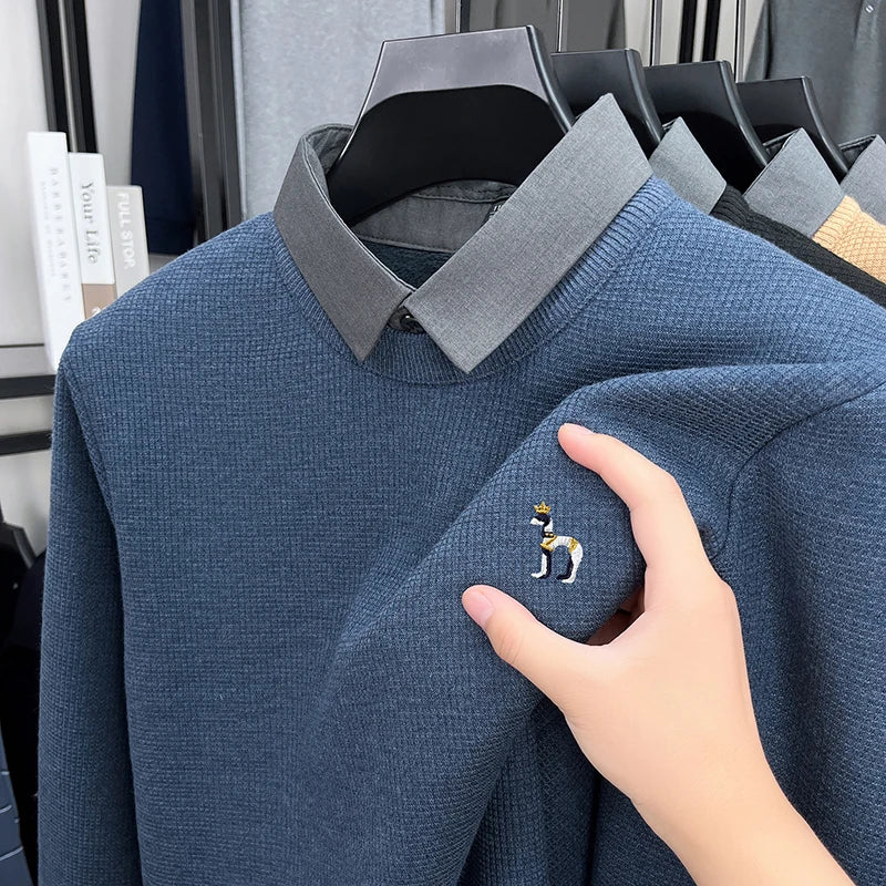 Luxury Men Long Sleeved Fake Two-Piece Knitted Sweater Fleece-Lined Thickened Embroidery Contains Wool Winter Keep Warm Sweater