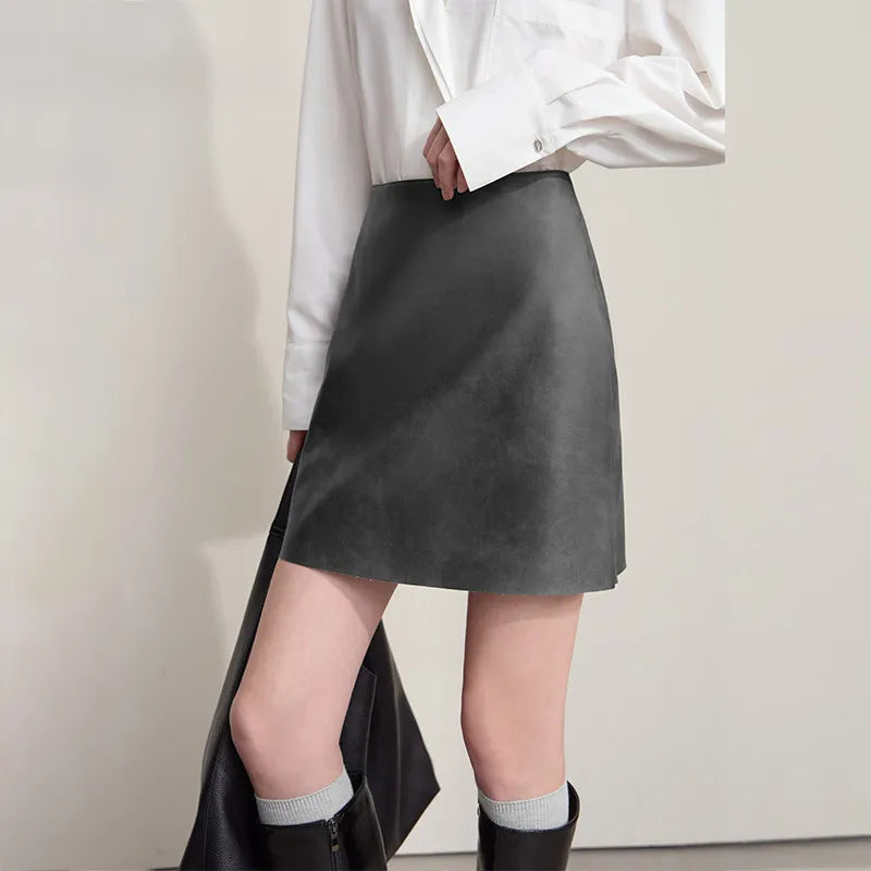 AMII Mini Skirt 2026 Autumn New Modern Retro Clothing Ladies Solid Versatile A-shaped PU Leather Short Skirts For Woman 12513022
