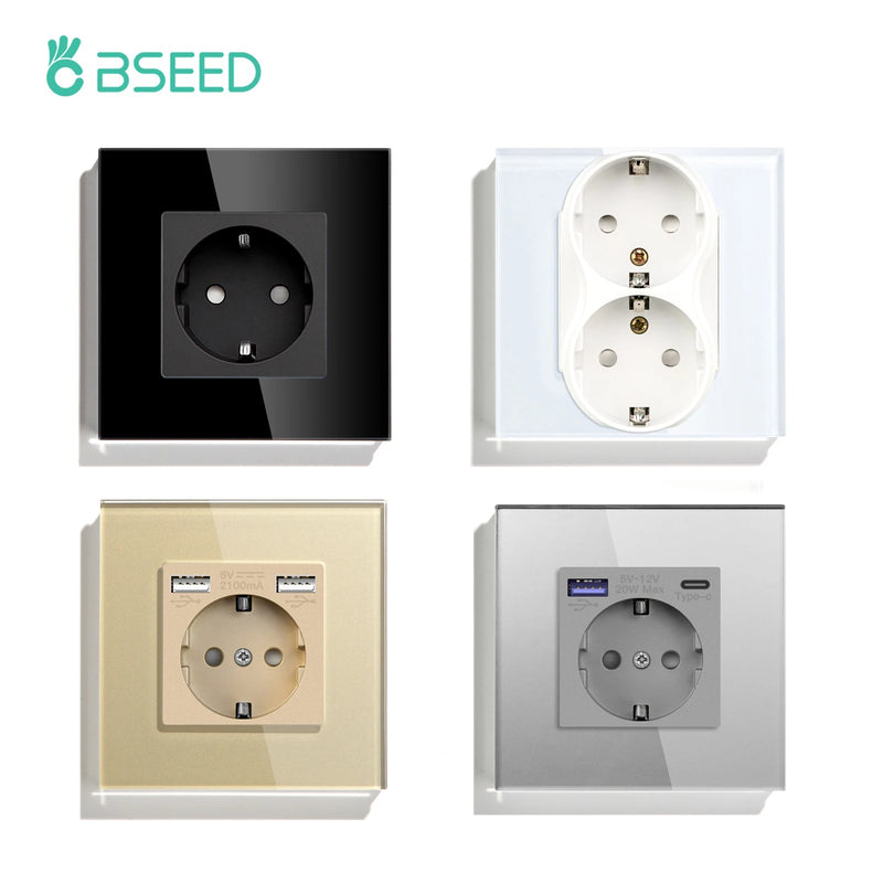 BSEED EU Standard Wall Power Socket USB Type-C Charge Port Outlet 110-250V Glass Panel 20W Fast Charge Electrical Plug