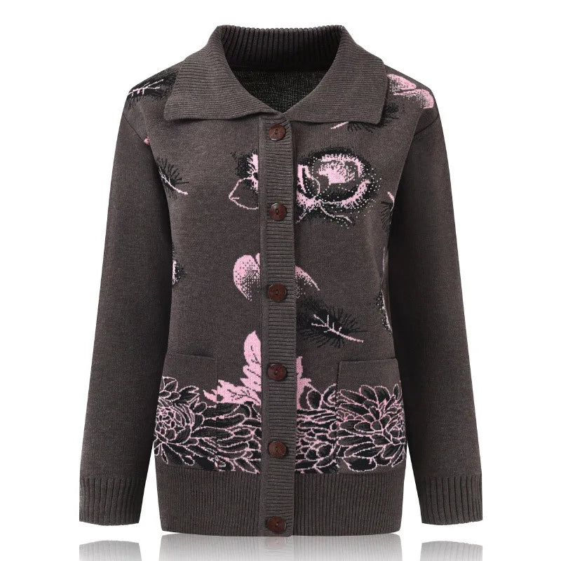 Fdfklak Middle-Aged Elderly Women Knitted Lapel Cardigans Mother Printed Buttons Sweater Spring Autumn Grandma's Clothes