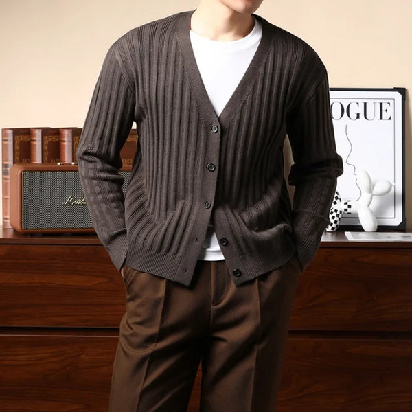 Men's V-Neck Knitted Cardigan – Long Sleeve Button-Up Cable Knit Sweater Outerwear, Casual Slim Fit