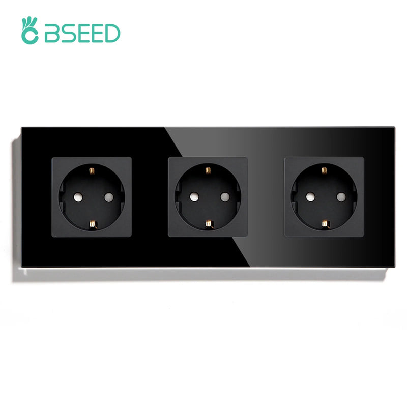BSEED EU Standard Wall Sockets Single Powerful Outlets Black Double Frame Sockets Glass Panel Triple Sockets Kids Protection 16A