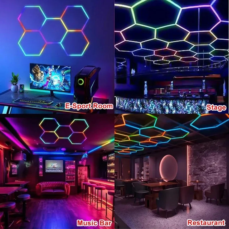 ភ្លើងយានដ្ឋាន LED ពិដានរាងឆកោនជាមួយនឹងដោតខ្សែពីរ តន្ត្រីសមកាលកម្ម RGB ចង្កៀង Honeycomb សម្រាប់ឃ្លាំងឃ្លាំង កន្លែងហាត់ប្រាណ បន្ទប់ក្រោមដី