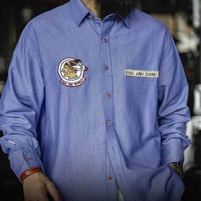 Maden Men's Casual Oxford Long Sleeve Shirt Navajo Embroidered Badge Cotton Blouse Blue Lightweight Layered Tops for Spring Fall