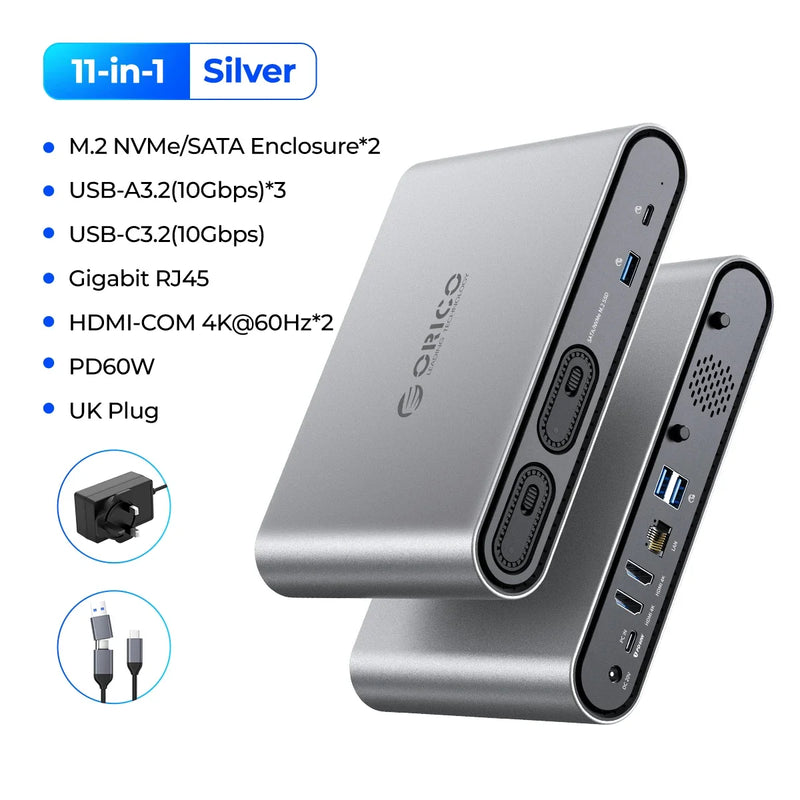 ORICO USB C Triple Display Docking Station with 65W Power Adapter Dual M.2 SSD Case 4K60Hz HDMI-com PD60W Ethernet USB3.2 10Gbps