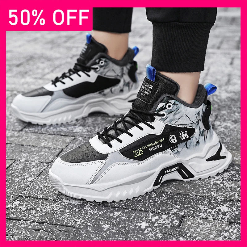 Men Sports Shoes Plush Comfortable Leather Winter Outdoor Walking Anti Slip Flat Bottom Fashion Commuting Versatile Sports Shoes