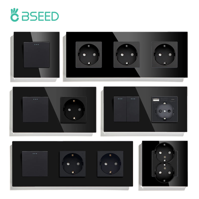 BSEED Mechanical Button Switch 1/2/3Gang 1Way Wall Power Socket USB Type-C Port Glass Frame Wall Switches Home Improvement